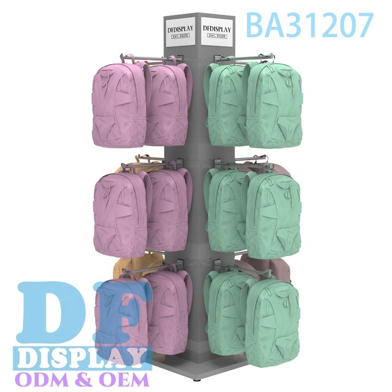 Backpack show room display rack floor standing four sided backpack stand for retail backpack hanger rack with hooks