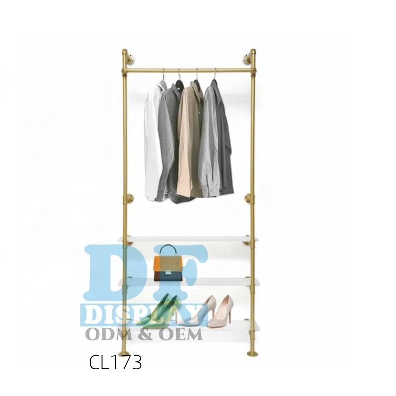 CL173 Gold Pipe Clothing Rack Garment Rack  with shelves for shop store exhibition Gold Boutique Wall Mounted