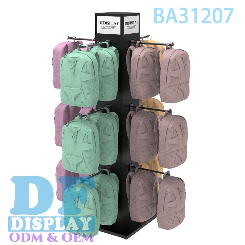 Backpack show room display rack floor standing four sided backpack stand for retail backpack hanger rack with hooks