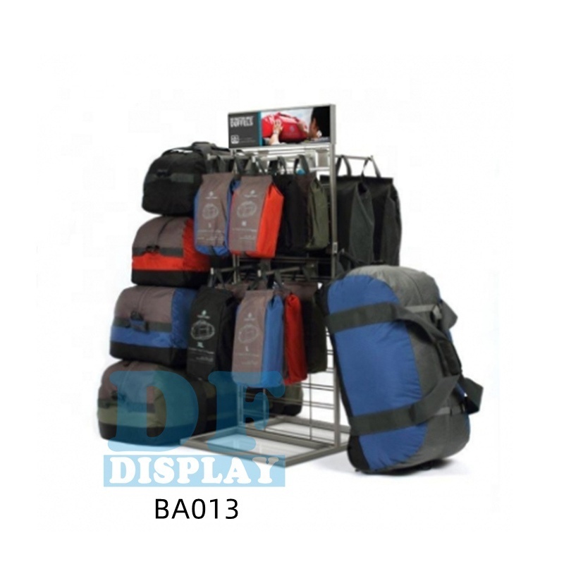 BA012 Retail shop bag display stand floor standing metal /wood backpack display rack with hooks rucksack display shelf stands