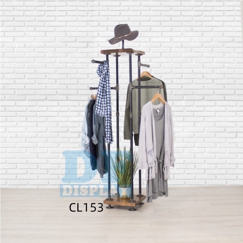 CL153  Industrial Pipe and Wood Clothes Rack 4-Way  Garment Rack Clothing Rack Closet Organizer, Clothing Storage and Display