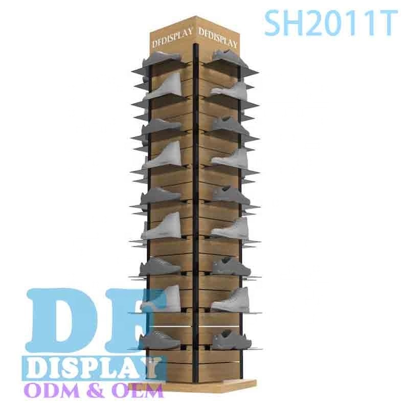 Custom Retail Store Floor Wooden Shoe Display Stand Mdf/Acrylic Display Rack Dafun Four Sided Rotating Sneaker Display Stand