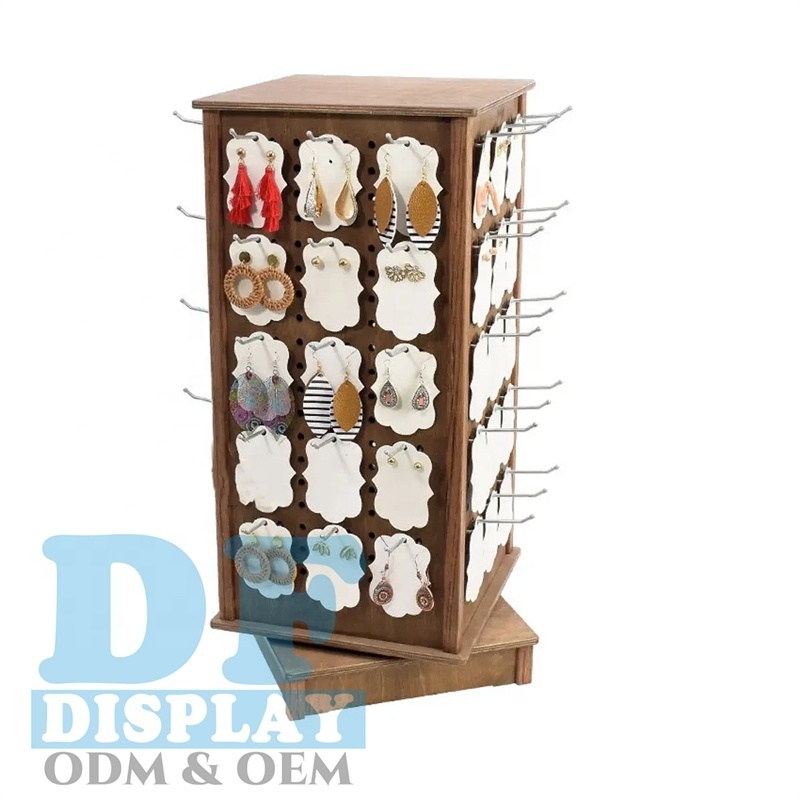 Wooden /MDF Jewelry Display Rack With Hooks Earring Card Display Holder Rotating Jewelry Display Stand Countertop Jewelry Tower