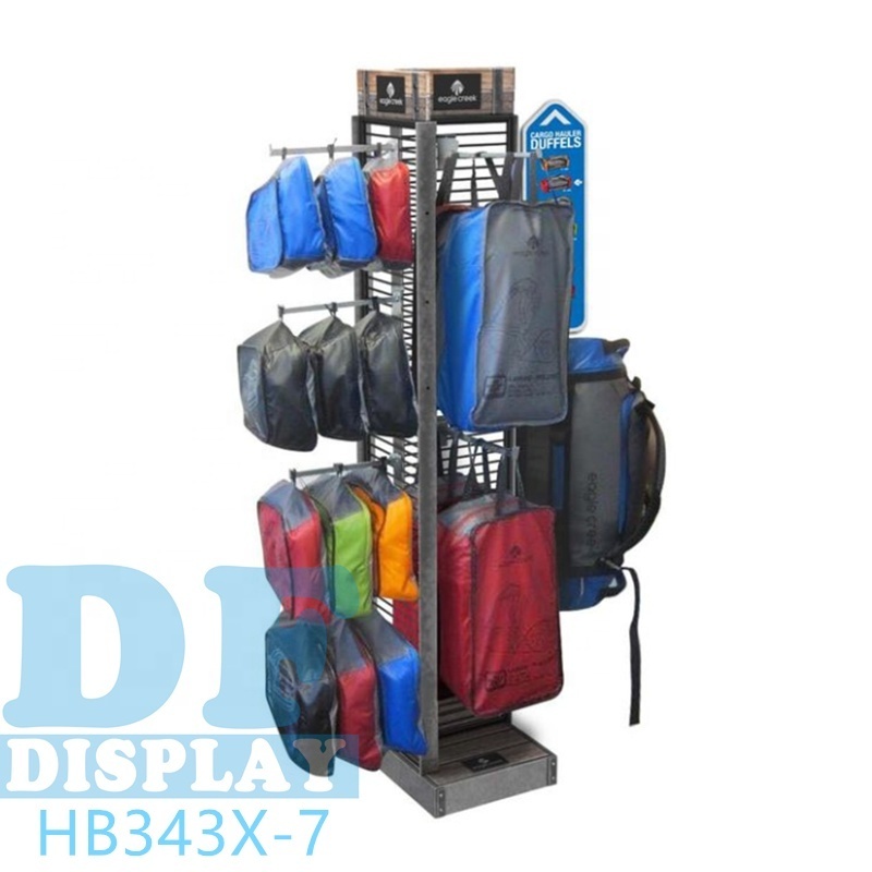 Retail store fashion bag display stands floor standing school bag display stand metal /wood backpack display rack with hooks