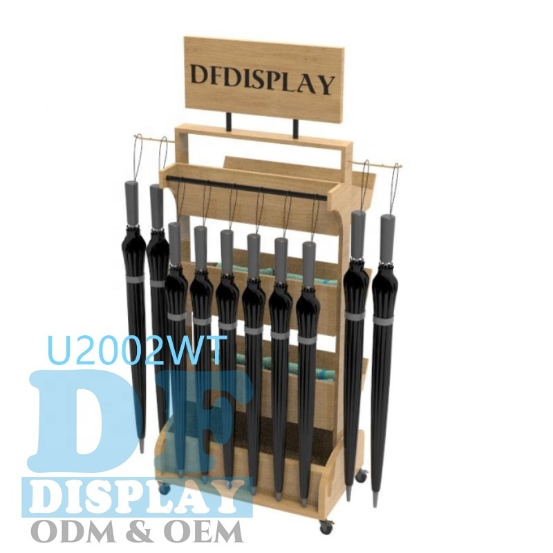 Custom Umbrella Display Double Sides Wheel Floor Retail Wood/MDF Umbrella Display Stand Umbrella Storage Rack Holder