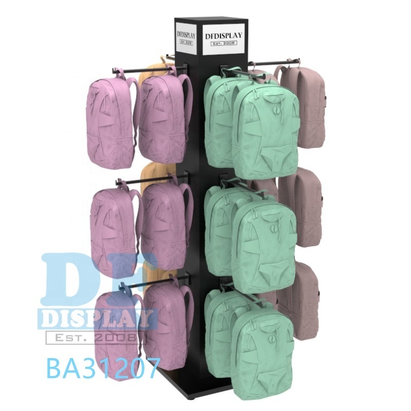 Backpack show room display rack floor standing four sided backpack stand for retail backpack hanger rack with hooks