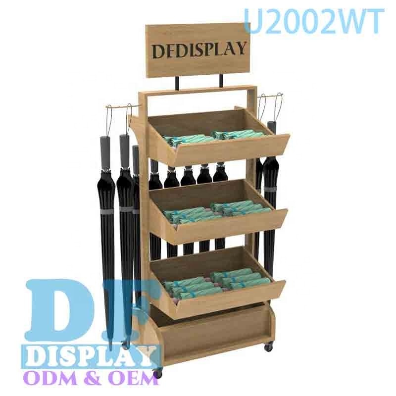 Custom Umbrella Display Double Sides Wheel Floor Retail Wood/MDF Umbrella Display Stand Umbrella Storage Rack Holder