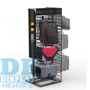 Retail store fashion bag display stands floor standing school bag display stand metal /wood backpack display rack with hooks