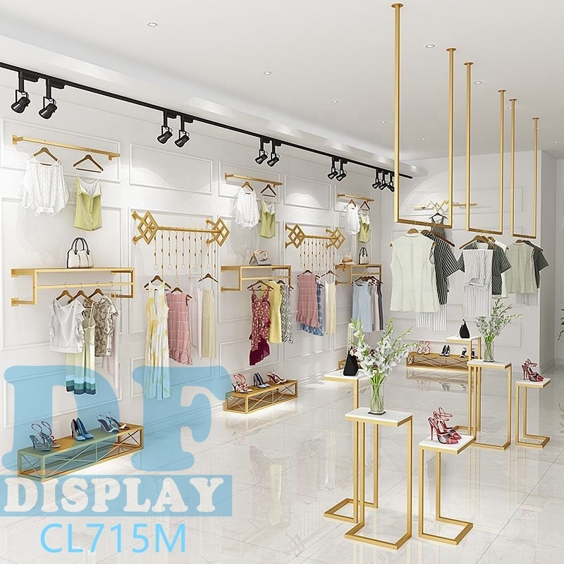 Clothing display metal clothing rack boutique wall mounted clothing racks display golden garment rack