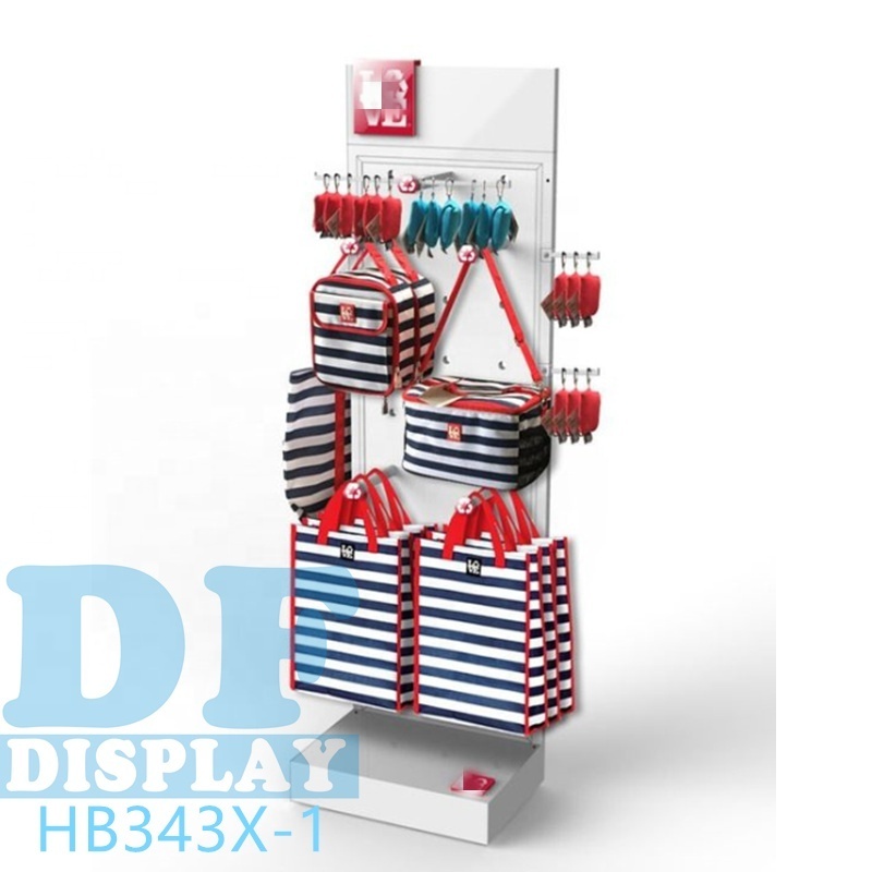 Retail store fashion bag display stands floor standing school bag display stand metal /wood backpack display rack with hooks