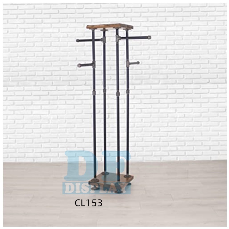 CL153  Industrial Pipe and Wood Clothes Rack 4-Way  Garment Rack Clothing Rack Closet Organizer, Clothing Storage and Display