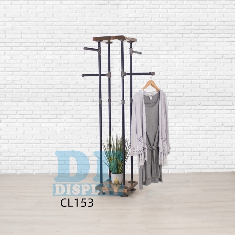 CL153  Industrial Pipe and Wood Clothes Rack 4-Way  Garment Rack Clothing Rack Closet Organizer, Clothing Storage and Display