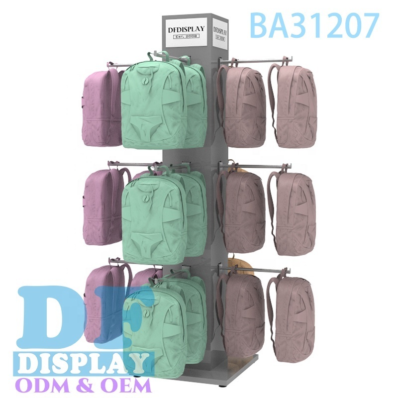 Backpack show room display rack floor standing four sided backpack stand for retail backpack hanger rack with hooks