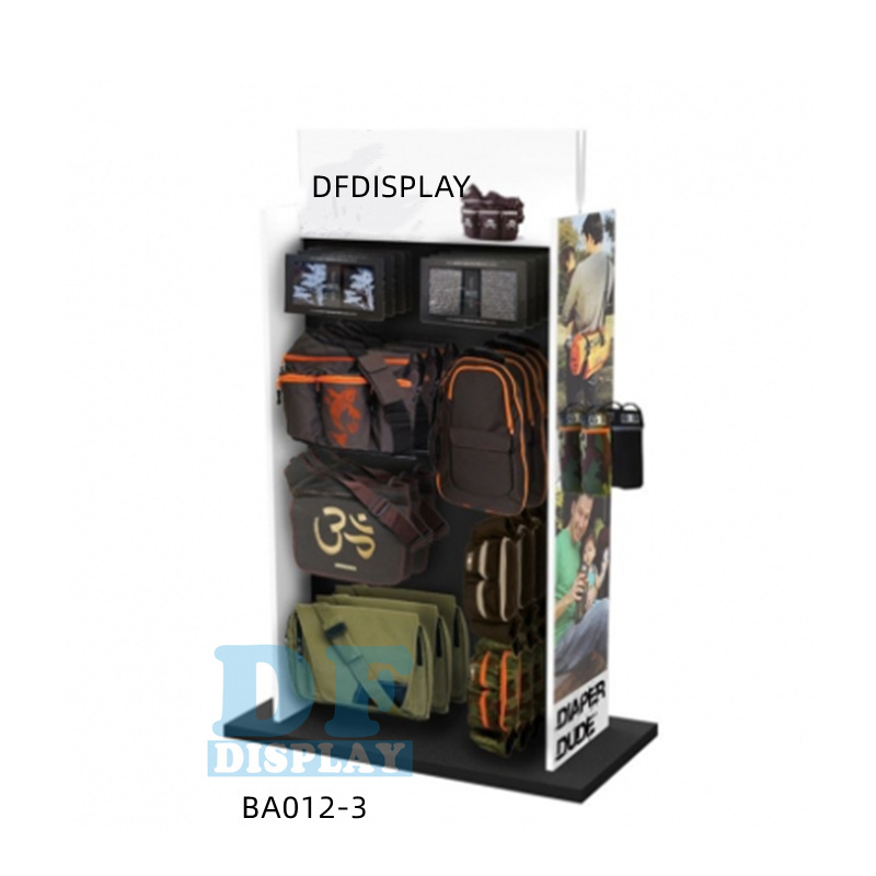 BA012 Retail shop bag display stand floor standing metal /wood backpack display rack with hooks rucksack display shelf stands