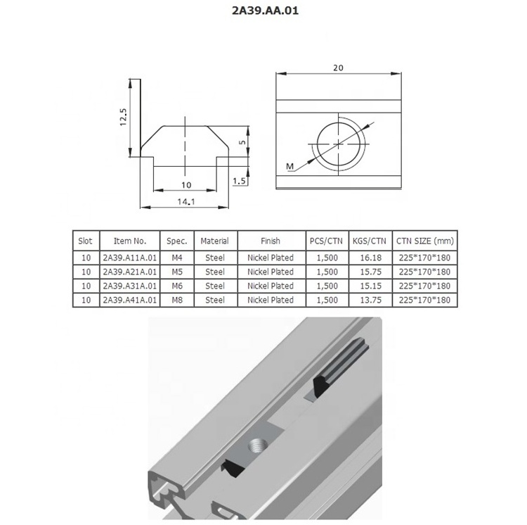 Hot sale din standard m4-m8 top spring leaf slotted nuts for groove 10 aluminium profile accessories 2A39.AA.01