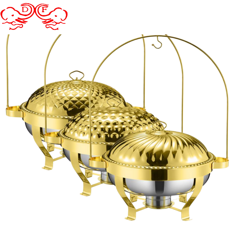 DF Trading house Hot sale Gold Round Hanging Food Warmer Stainless Steel Chafing Dish Buffet Set Food Beverage With Lid Holder