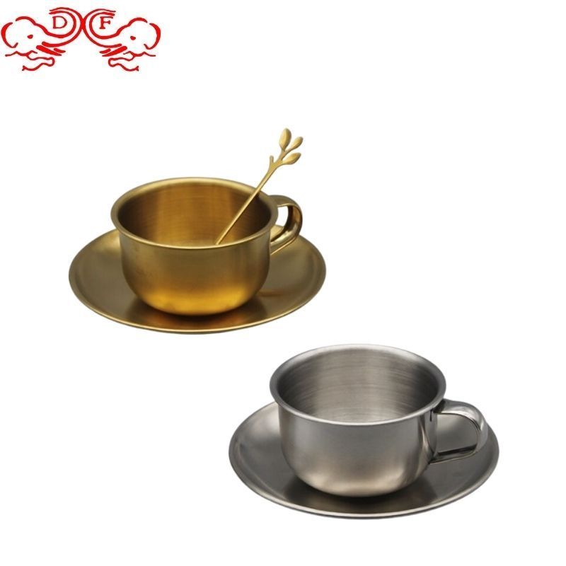 Coffee Mugs Water Milk Tea Mug Saucer Double Wall Mug with Tray DF Trading House Stainless Steel with Handle Elegant Gold Carton