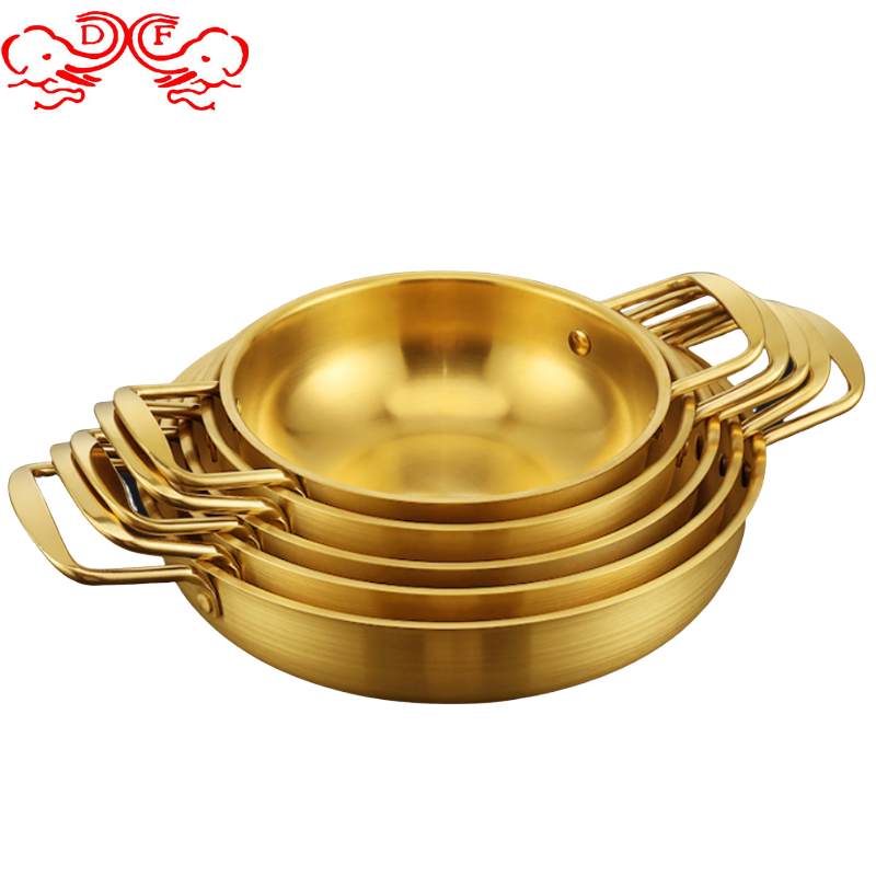 DF Trading house Factory Wholesale Korean Stainless Gold Steel Seafood pot ramen instant noodles cooker Double Handle For Hotel