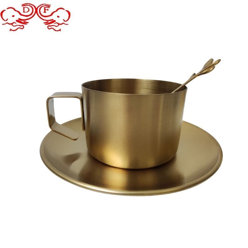 Coffee Mugs Water Milk Tea Mug Saucer Double Wall Mug with Tray DF Trading House Stainless Steel with Handle Elegant Gold Carton