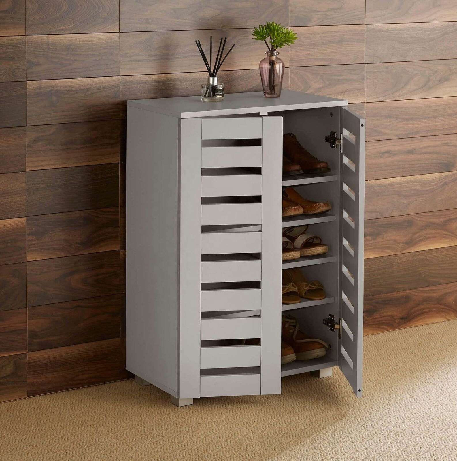 Oak Grey Shoe Cabinet Storage 2 Door 1 Drawer Hallway Cupboard Shoe