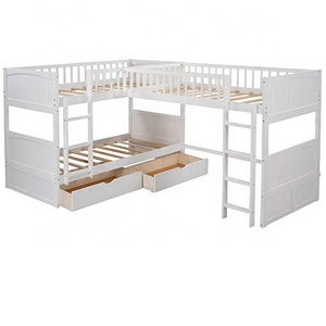 Pine Bed Twin Bed L Shaped Bunk Bed with 2 Drawers and 2 Ladders