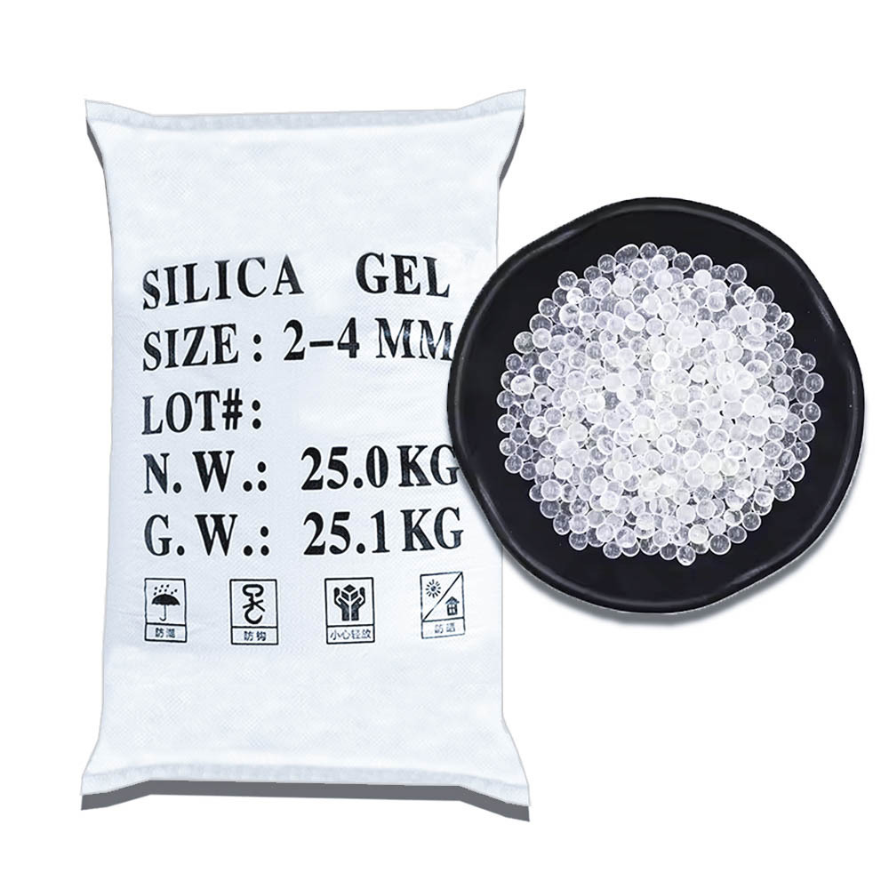 25kg/bag Blue color change Silica gel desiccant bead raw material 2-4mm Moisture content 3% Moisture absorption 20% Factory