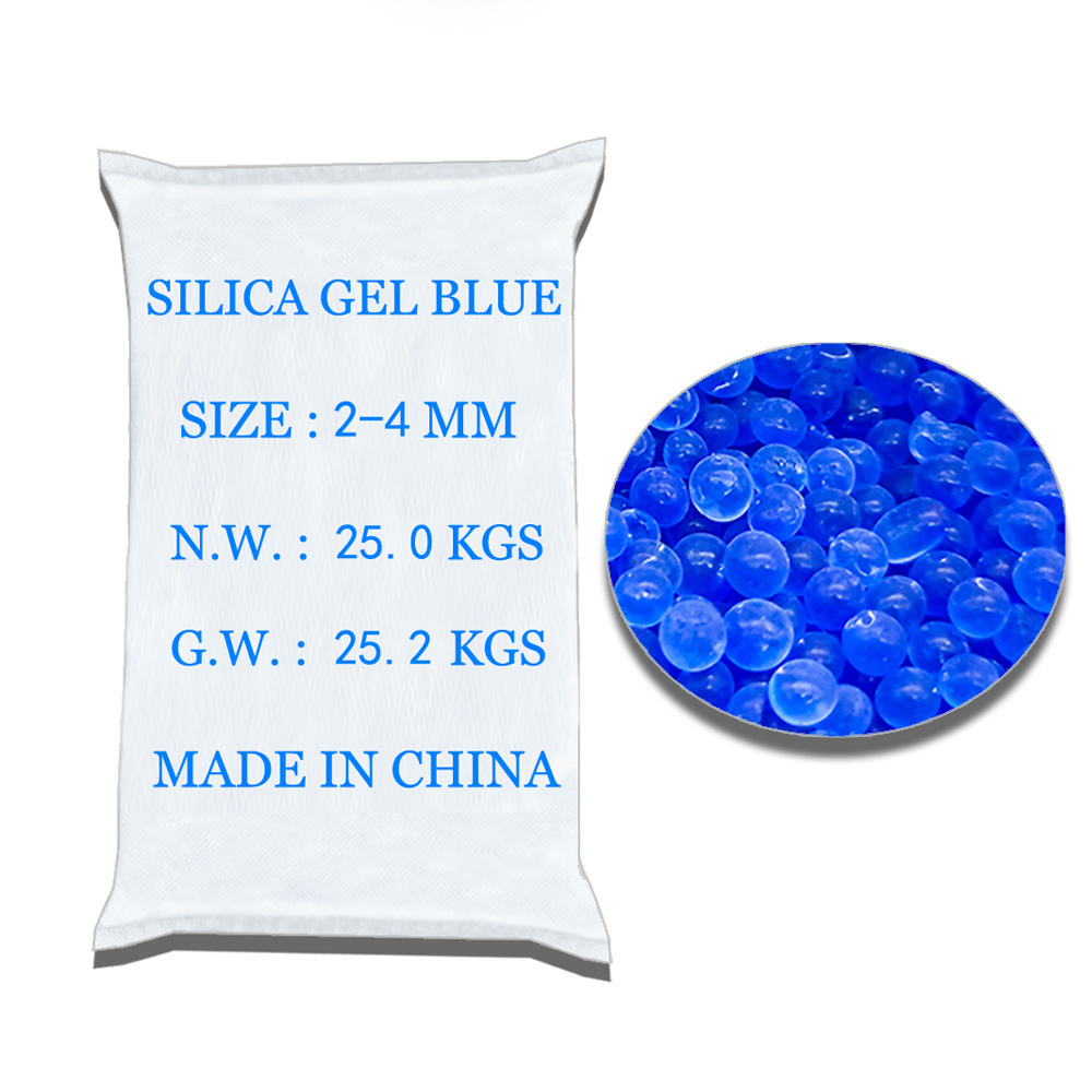 25kg/bag Blue color change Silica gel desiccant bead raw material 2-4mm Moisture content 3% Moisture absorption 20% Factory