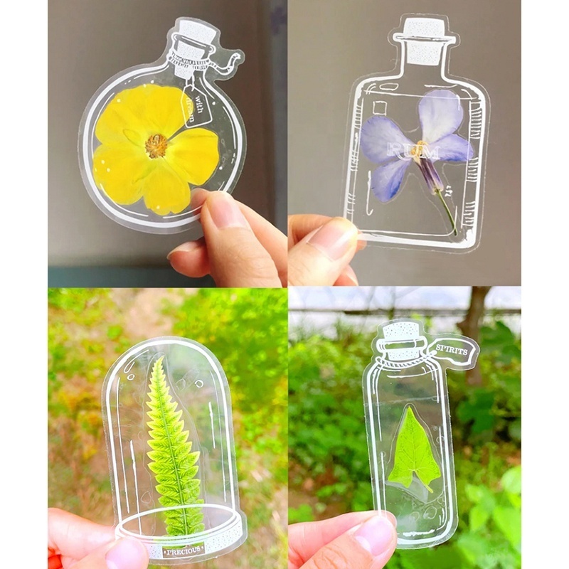 Custom Transparent Mini Dried Flowers Plants Bookmarks DIY Marker Craft Bottle Shape PET Stickers for Scrapbooking