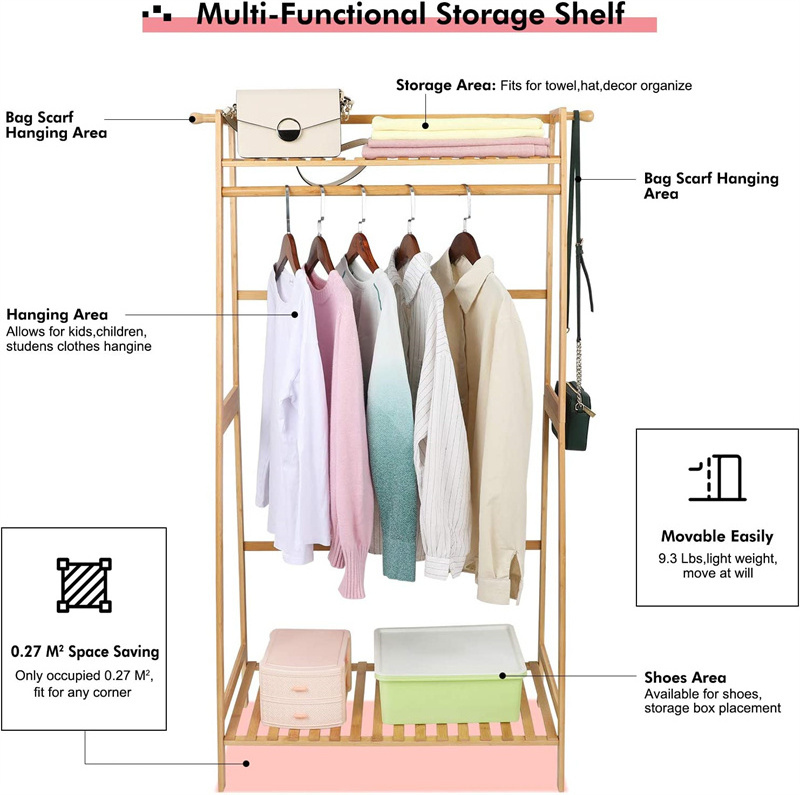 Indoor Entryway Bedroom Laundry Office Commercial Shelves Bamboo Clothing Rack for Kids Child Coat Shoe Clothes Hanging Drying