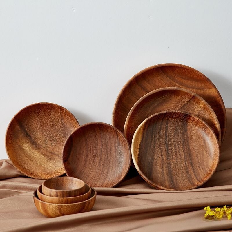 Wholesale Customized Handmade Dessert Solid Black Wooden Dishes Acacia Wood Round Dinner Charger Plates