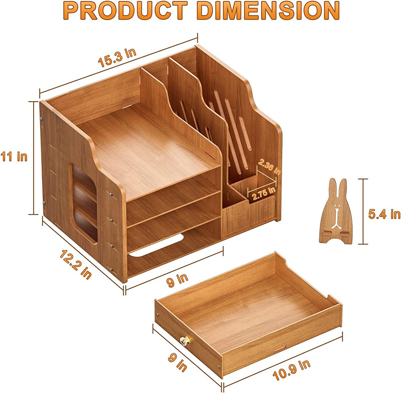 4-Tier Paper Letter Tray Multifunctional Wood DIY Desk Organizer with Drawers and Pen Holder