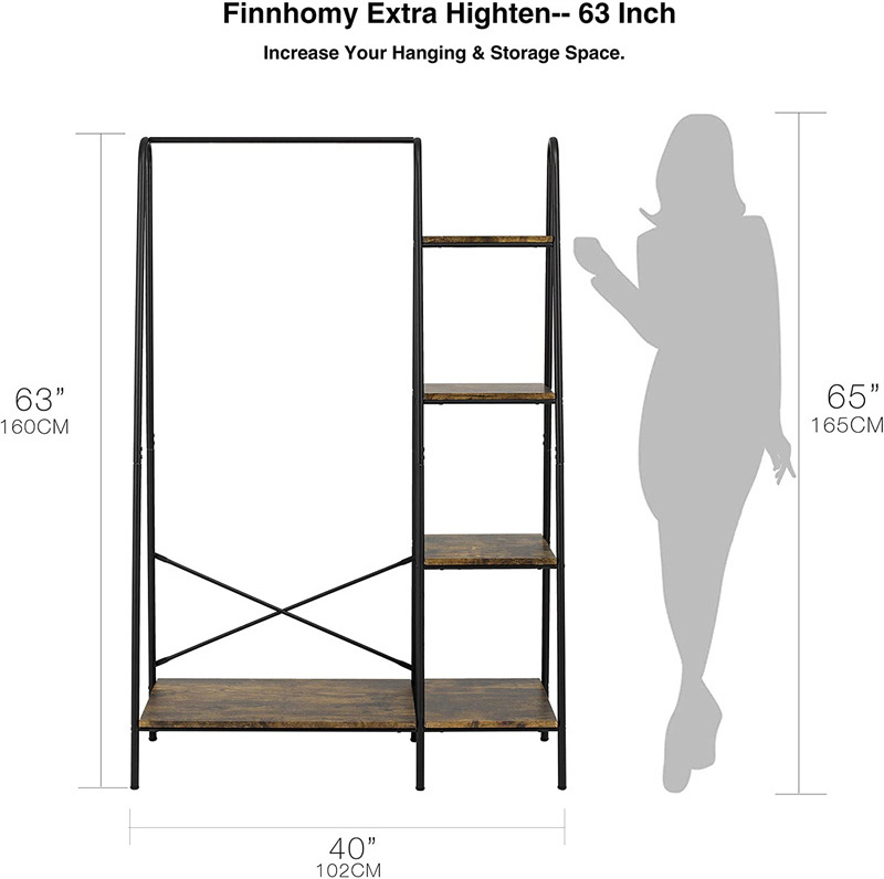 Wood Shelves Freestanding Portable Rustic Clothes Rack for Hanging Clothes Heavy Duty