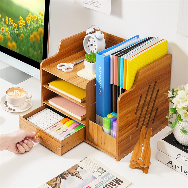 4-Tier Paper Letter Tray Multifunctional Wood DIY Desk Organizer with Drawers and Pen Holder