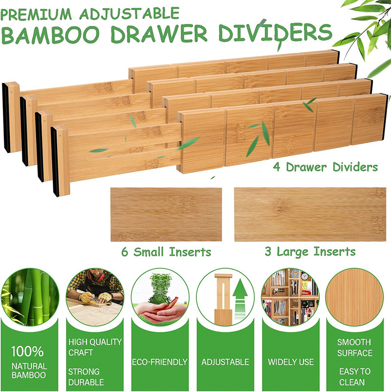 Hot Sales Expandable Adjustable Bamboo Drawer Dividers with Inserts for Kitchen Utensils, Dresser, Bedroom, Clothes