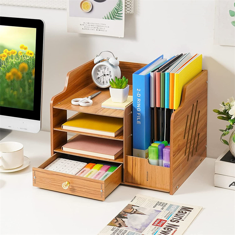 4-Tier Paper Letter Tray Multifunctional Wood DIY Desk Organizer with Drawers and Pen Holder