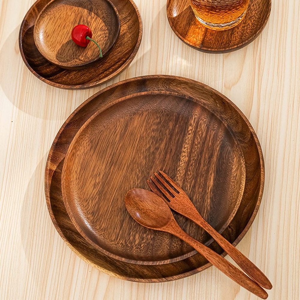 Wholesale Customized Handmade Dessert Solid Black Wooden Dishes Acacia Wood Round Dinner Charger Plates