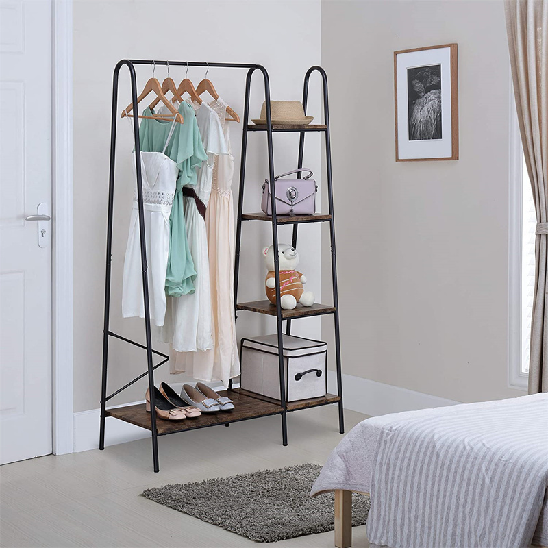 Wood Shelves Freestanding Portable Rustic Clothes Rack for Hanging Clothes Heavy Duty