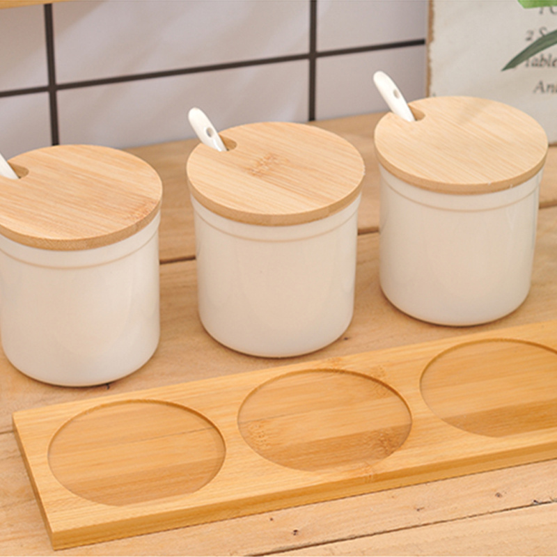 Wholesale Kitchen ceramic Spice Jar 3 Piece Porcelain Seasoning Canister Set With Wooden Tray