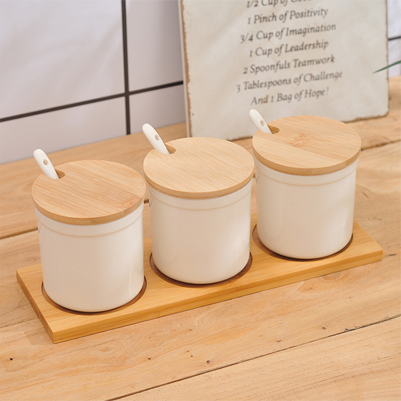 Wholesale Kitchen ceramic Spice Jar 3 Piece Porcelain Seasoning Canister Set With Wooden Tray