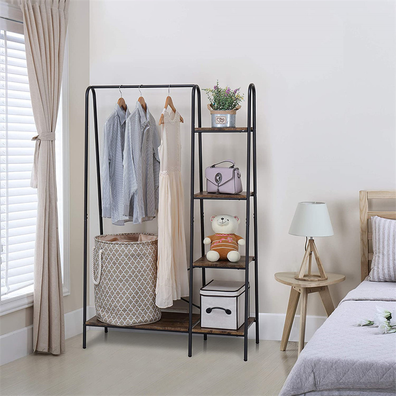 Wood Shelves Freestanding Portable Rustic Clothes Rack for Hanging Clothes Heavy Duty