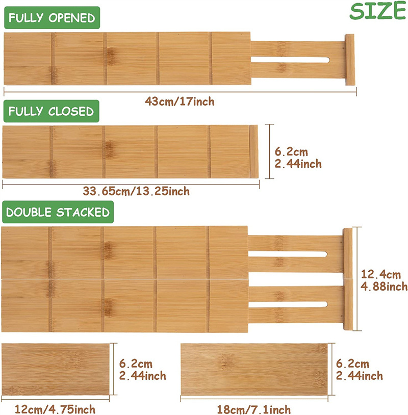 Hot Sales Expandable Adjustable Bamboo Drawer Dividers with Inserts for Kitchen Utensils, Dresser, Bedroom, Clothes