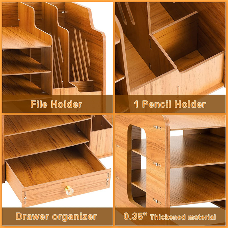 4-Tier Paper Letter Tray Multifunctional Wood DIY Desk Organizer with Drawers and Pen Holder