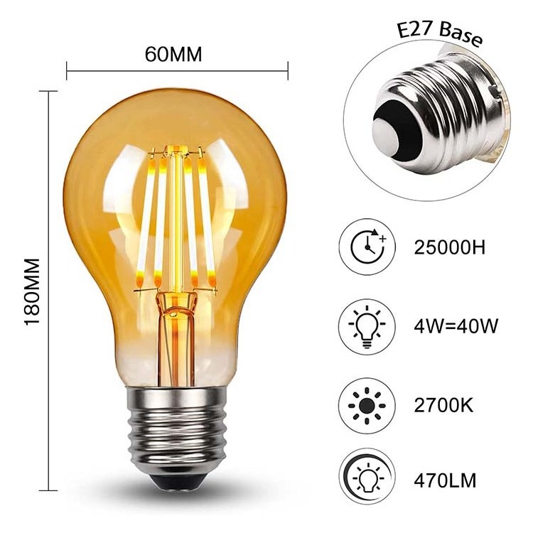 High Quality Amber Retro Edison Bulb E26 E27 B22 A60 LED Filament Bulb Energy Saver Light Bulb for Home Decorate