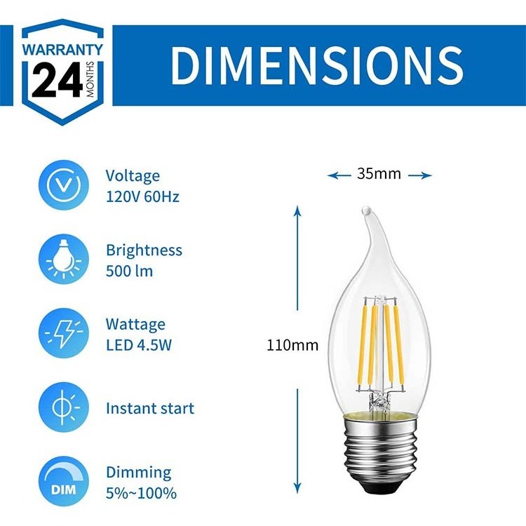 Vintage Style Dimmable  2W 4W 5W Edison Bulb E26 E27 B22 Base Clear C35 LED Filament Candle Bulb