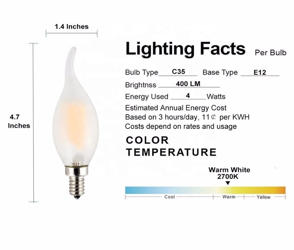 Hot sales white frosted E12 E14 4W C35 LED filament Flame Candle Bulb