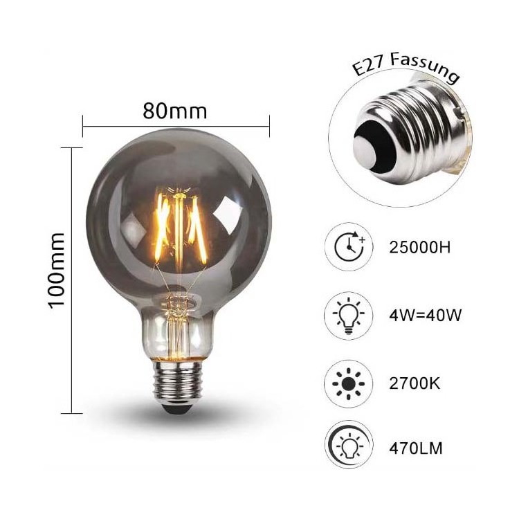 Factory Directly Supply 230V 220V 2200K 2700K G80 Led Filament Retro Edison Light Smoky Gray Bulb