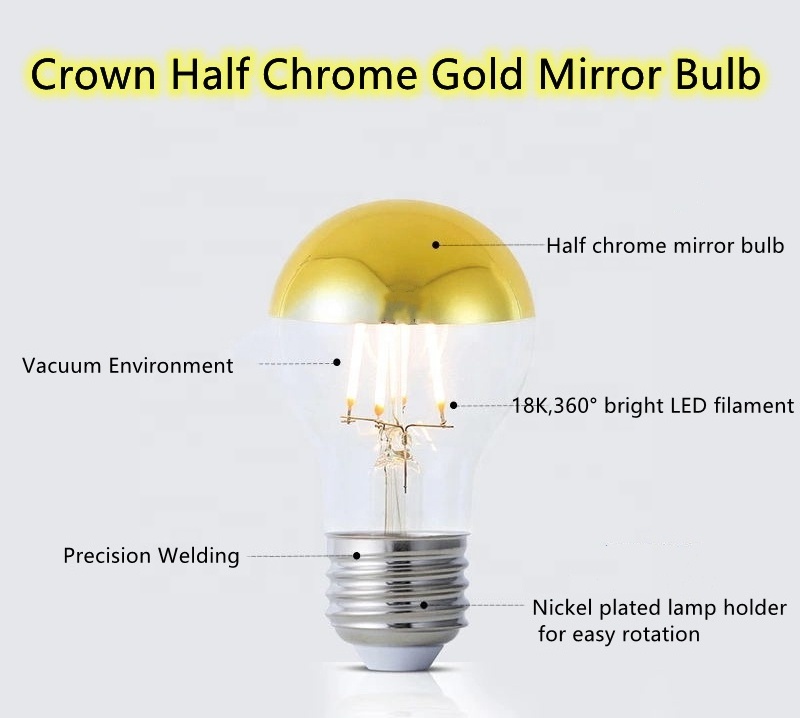 Factory direct supply 220V 230V 2700K Warm White Silver Gold Tipped Half Chrome LED Light Edison Bulb