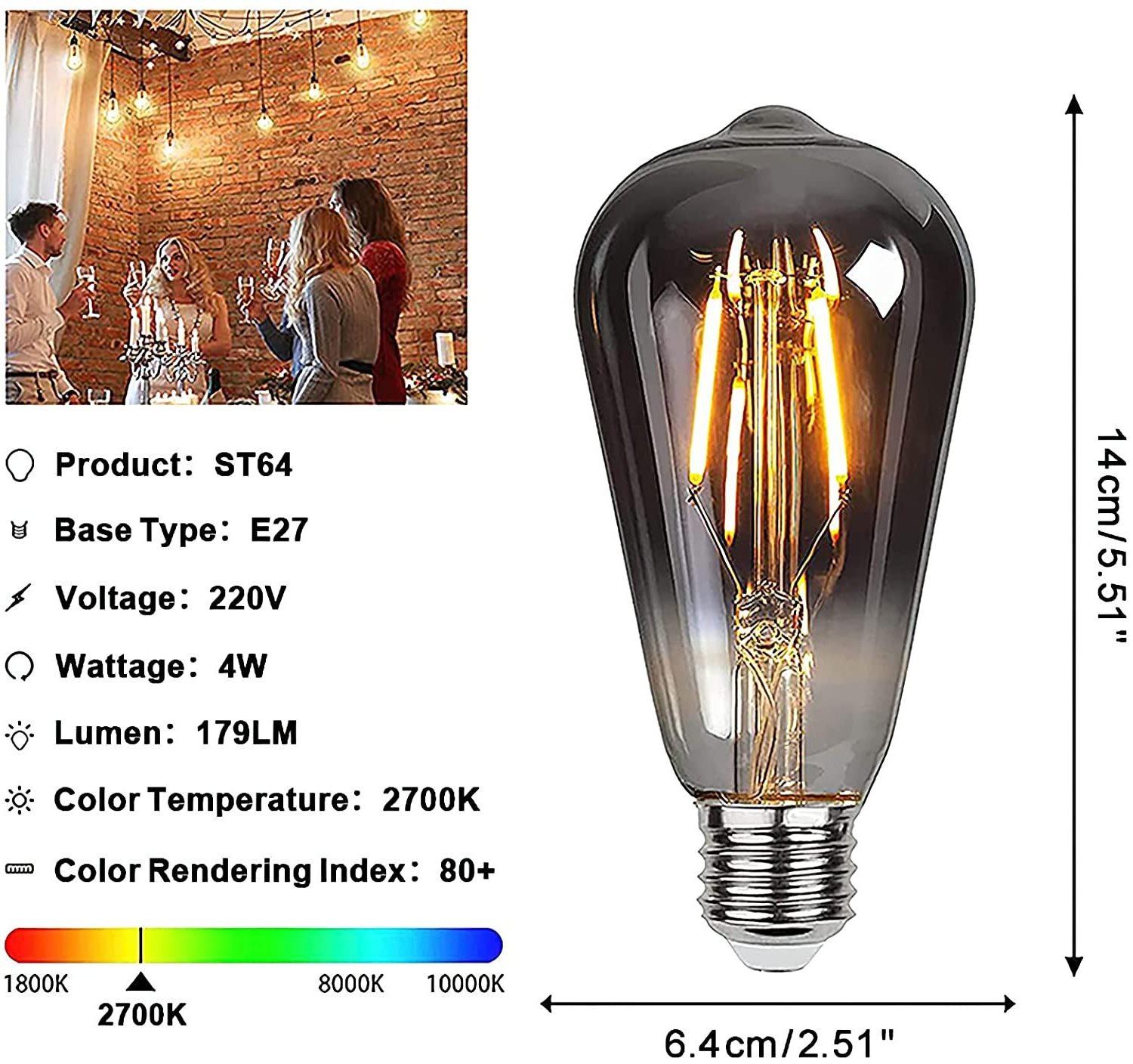 Factory  Direct 220V E26 E27 B22 3000K  2700K 4W Vintage Style Edison ST64 Spiral Smoky LED Filament Bulb