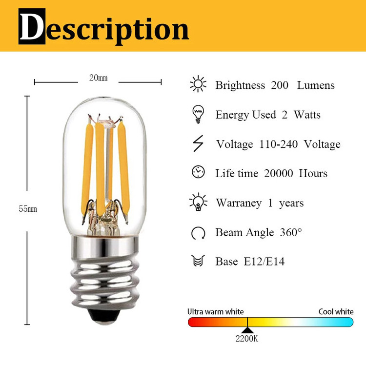 Customizable T25 tube LED Light Bulb 2W 4W 2700K E12 E14 E17 120V 220V LED filament bulb