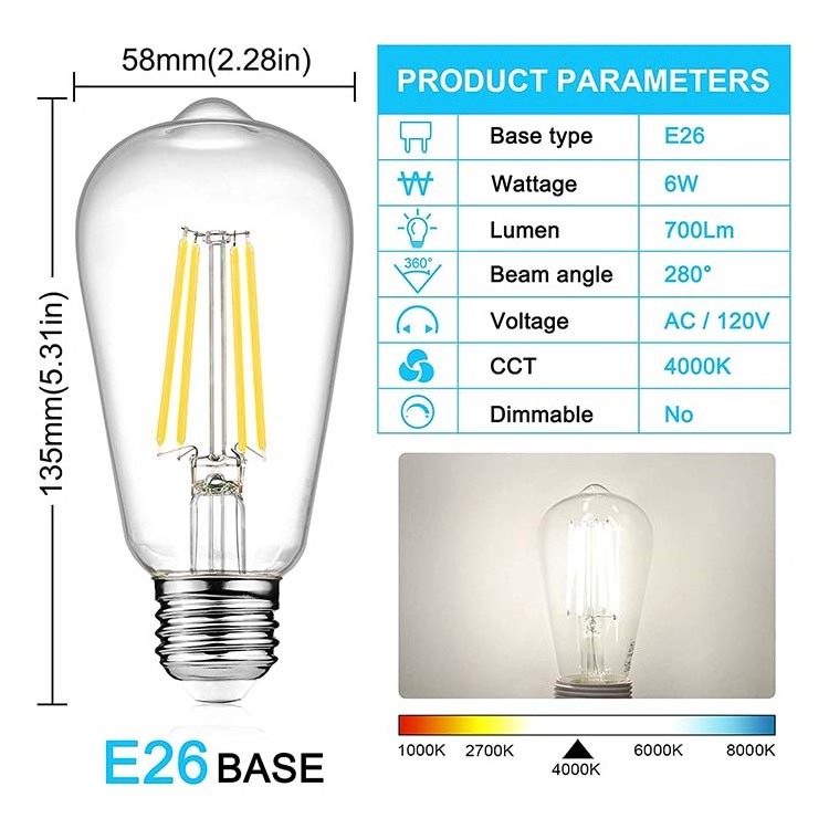 Wholesale Vintage Style 4W 5W 6W ST58  LED Lamp E26 E27 2700K 3000K 4000K 120V 220V Clear Glass LED Edison Filament Bulb